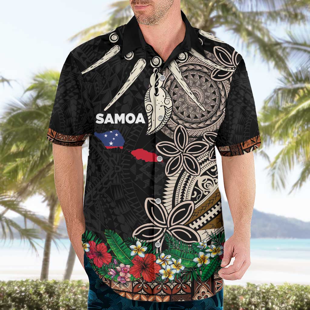 Samoa Siapo Polynesian Art Hawaiian Shirt Tropical Flowers and Tatau Pattern Brown