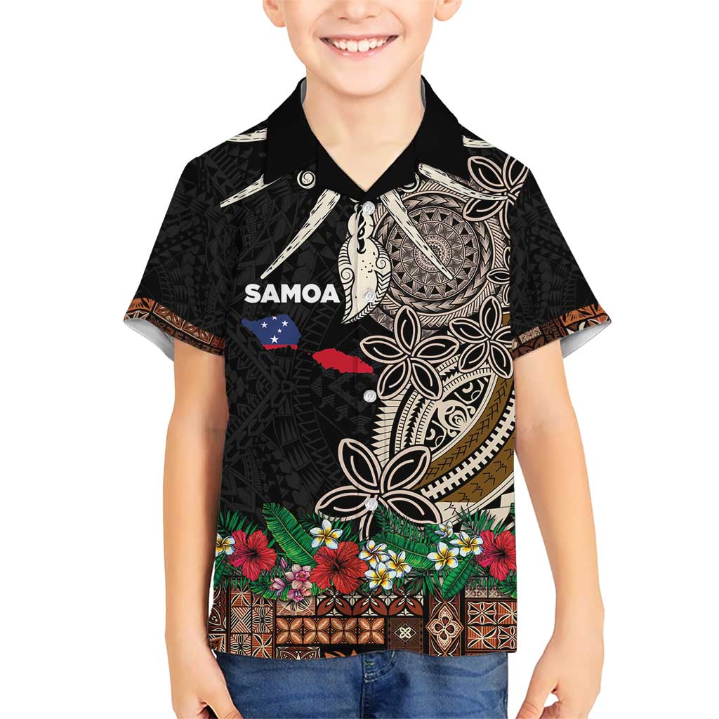 Samoa Siapo Polynesian Art Kid Hawaiian Shirt Tropical Flowers and Tatau Pattern Brown