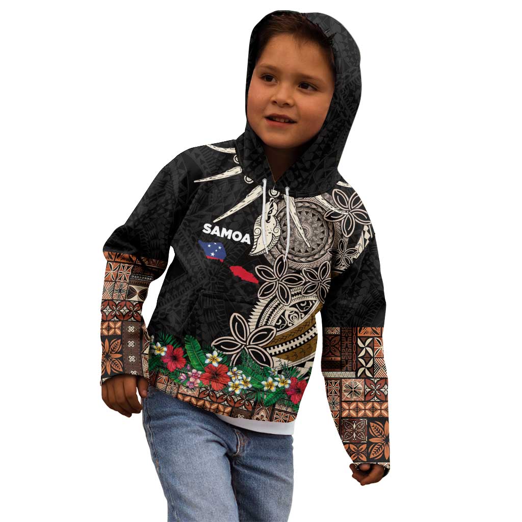 Samoa Siapo Polynesian Art Kid Hoodie Tropical Flowers and Tatau Pattern Brown