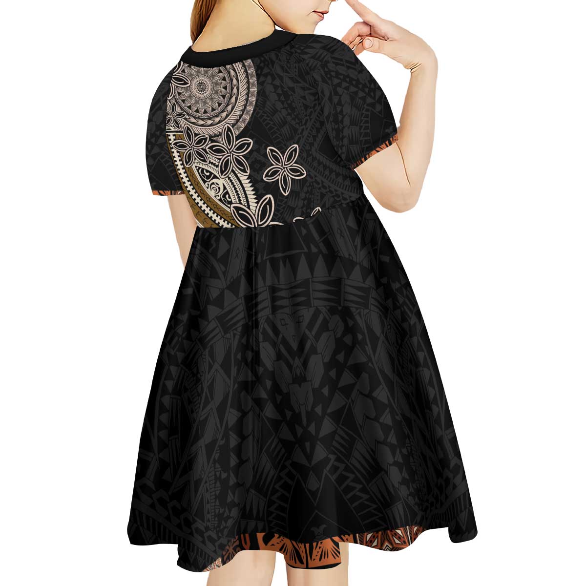 Samoa Siapo Polynesian Art Kid Short Sleeve Dress Tropical Flowers and Tatau Pattern Brown