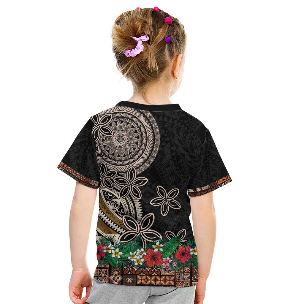 Samoa Siapo Polynesian Art Kid T Shirt Tropical Flowers and Tatau Pattern Brown