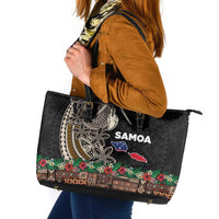 Samoa Siapo Polynesian Art Leather Tote Bag Tropical Flowers and Tatau Pattern Brown
