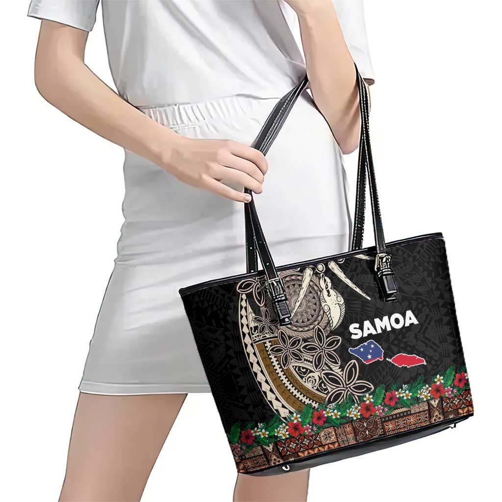 Samoa Siapo Polynesian Art Leather Tote Bag Tropical Flowers and Tatau Pattern Brown