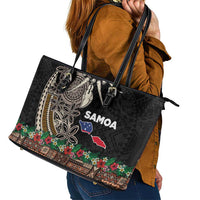 Samoa Siapo Polynesian Art Leather Tote Bag Tropical Flowers and Tatau Pattern Brown