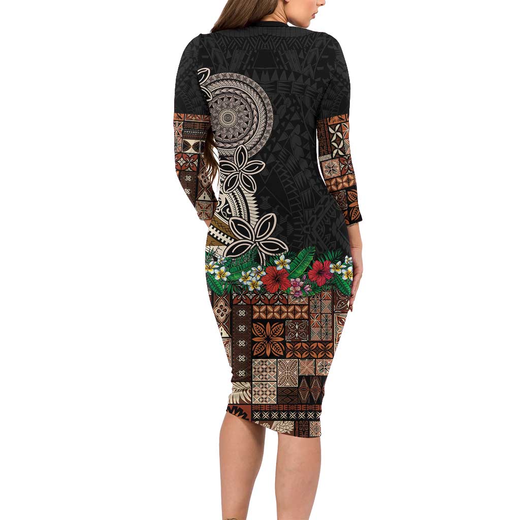 Samoa Siapo Polynesian Art Long Sleeve Bodycon Dress Tropical Flowers and Tatau Pattern Brown