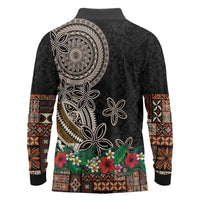 Samoa Siapo Polynesian Art Long Sleeve Polo Shirt Tropical Flowers and Tatau Pattern Brown