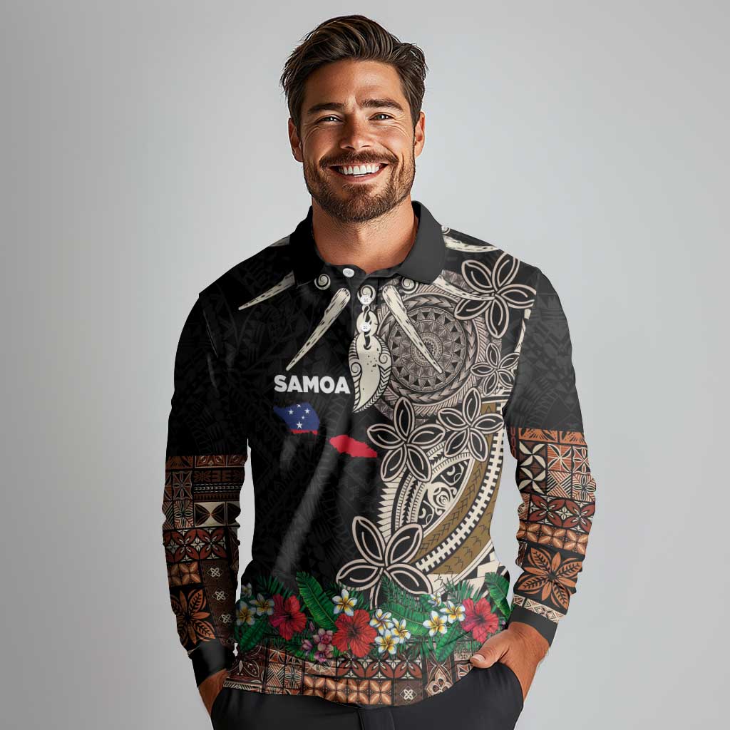 Samoa Siapo Polynesian Art Long Sleeve Polo Shirt Tropical Flowers and Tatau Pattern Brown