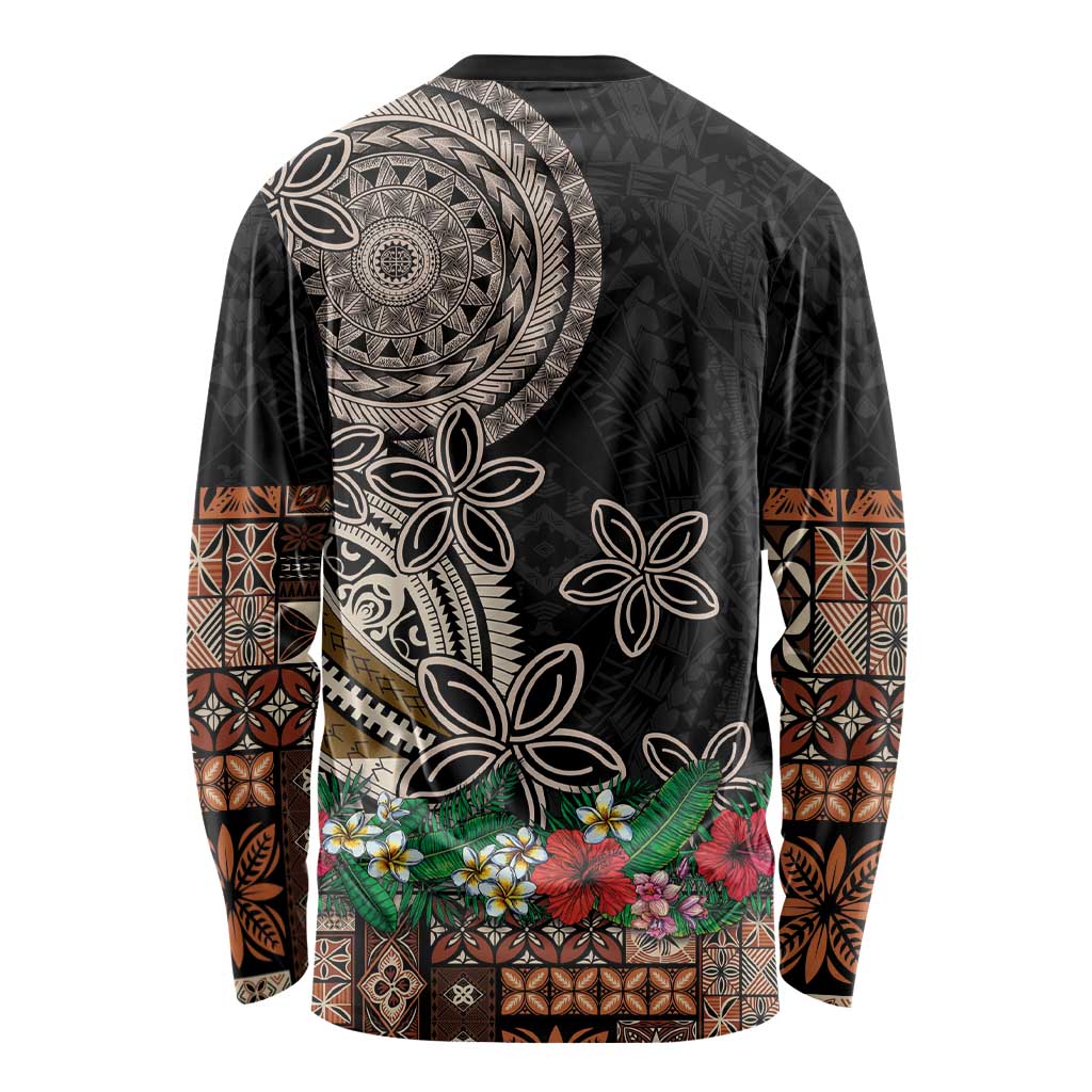 Samoa Siapo Polynesian Art Long Sleeve Shirt Tropical Flowers and Tatau Pattern Brown