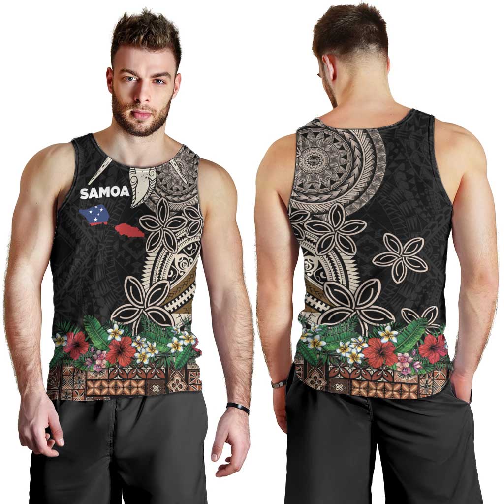 Samoa Siapo Polynesian Art Men Tank Top Tropical Flowers and Tatau Pattern Brown