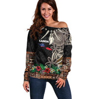 Samoa Siapo Polynesian Art Off Shoulder Sweater Tropical Flowers and Tatau Pattern Brown