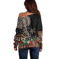 Samoa Siapo Polynesian Art Off Shoulder Sweater Tropical Flowers and Tatau Pattern Brown