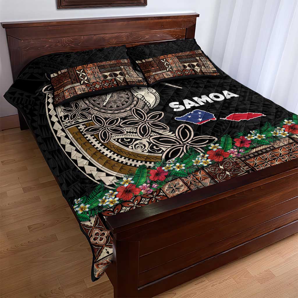 Samoa Siapo Polynesian Art Quilt Bed Set Tropical Flowers and Tatau Pattern Brown