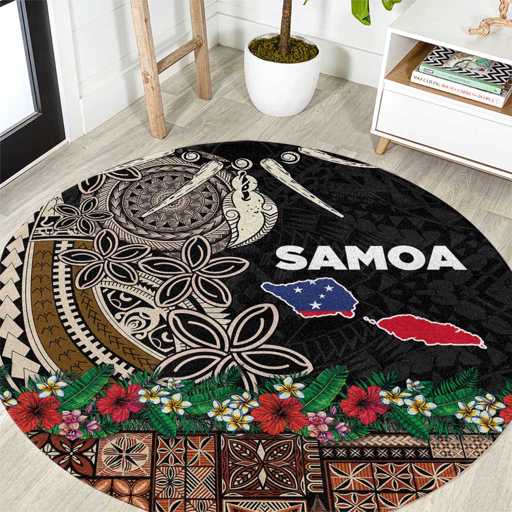 Samoa Siapo Polynesian Art Round Carpet Tropical Flowers and Tatau Pattern Brown