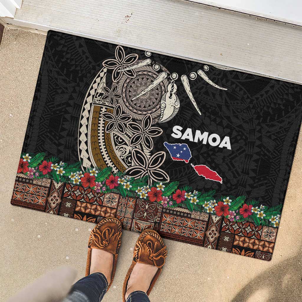 Samoa Siapo Polynesian Art Rubber Doormat Tropical Flowers and Tatau Pattern Brown