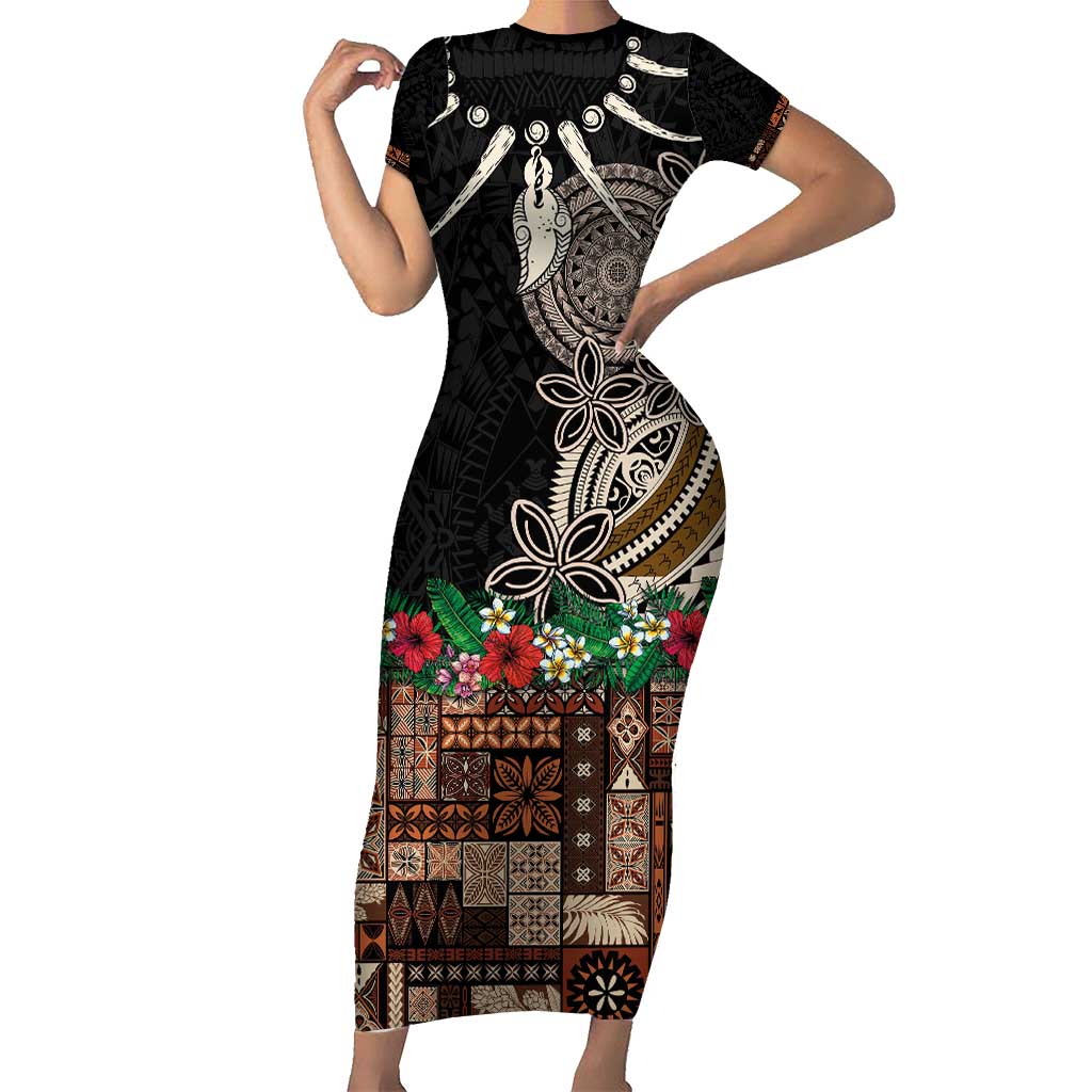Samoa Siapo Polynesian Art Short Sleeve Bodycon Dress Tropical Flowers and Tatau Pattern Brown
