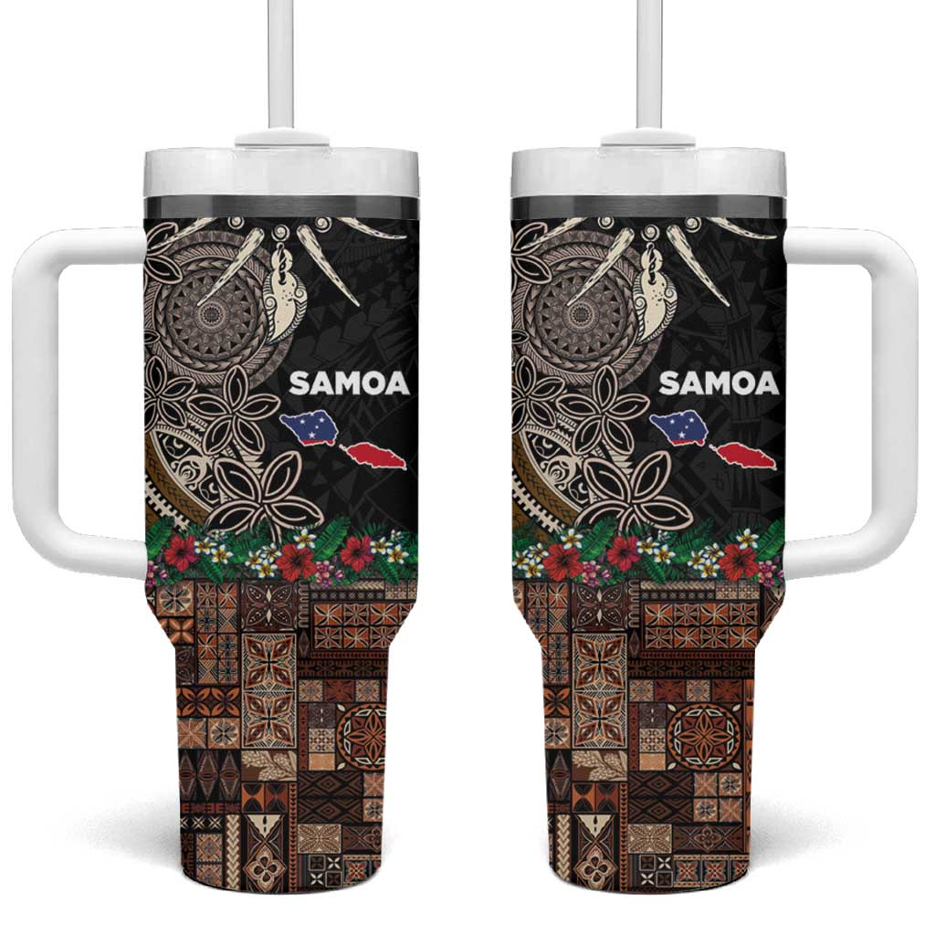 Samoa Siapo Polynesian Art Tumbler With Handle Tropical Flowers and Tatau Pattern Brown