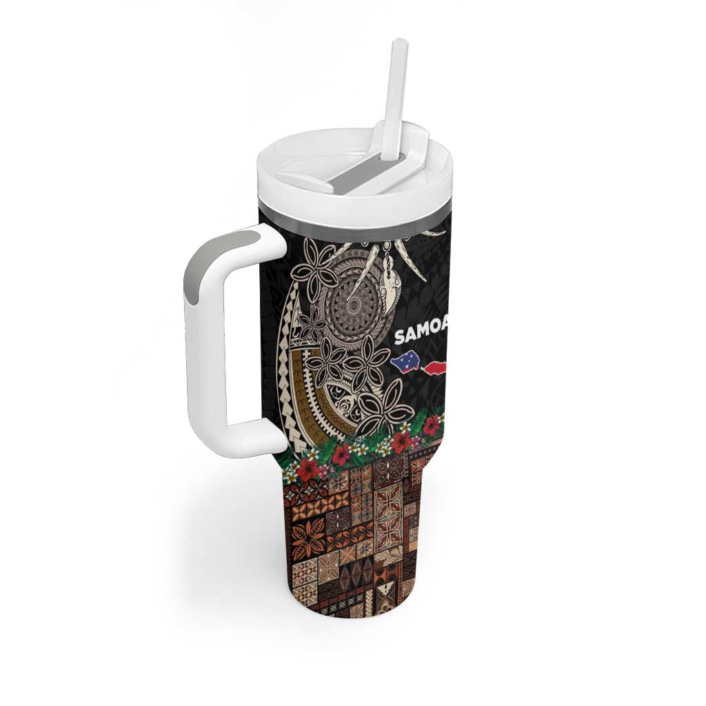 Samoa Siapo Polynesian Art Tumbler With Handle Tropical Flowers and Tatau Pattern Brown LT03 - Polynesian Pride
