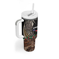 Samoa Siapo Polynesian Art Tumbler With Handle Tropical Flowers and Tatau Pattern Brown LT03 - Polynesian Pride