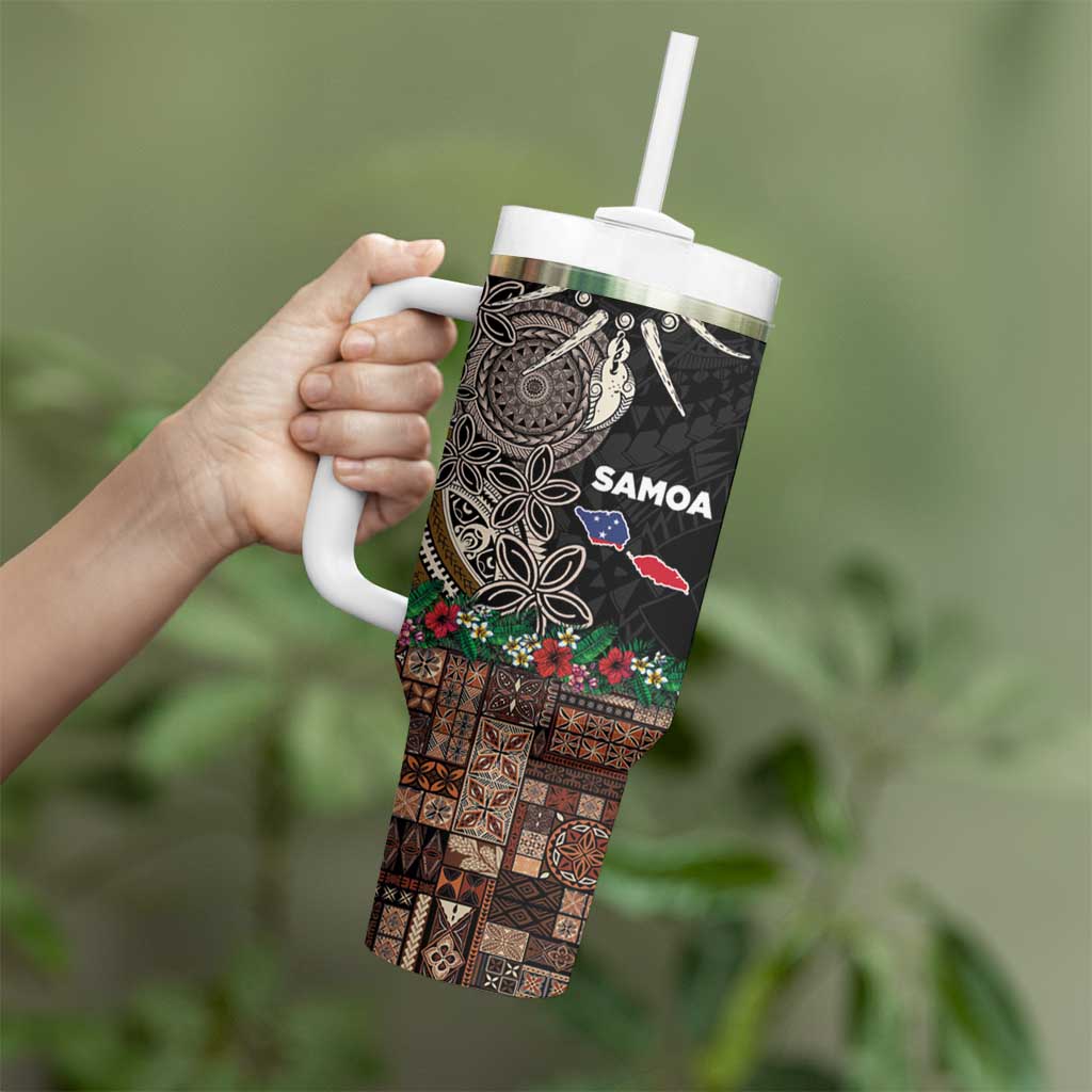 Samoa Siapo Polynesian Art Tumbler With Handle Tropical Flowers and Tatau Pattern Brown LT03 - Polynesian Pride