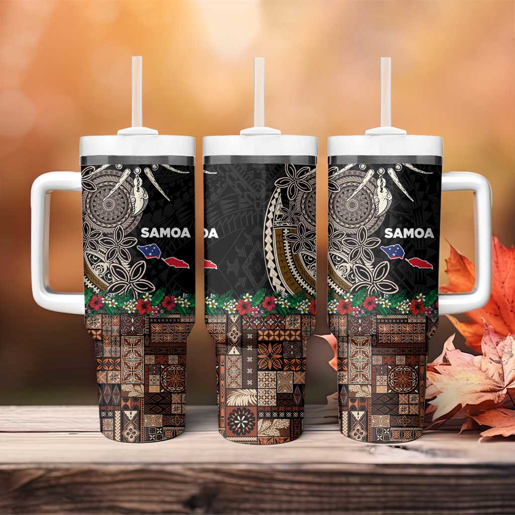 Samoa Siapo Polynesian Art Tumbler With Handle Tropical Flowers and Tatau Pattern Brown LT03 - Polynesian Pride