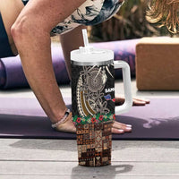 Samoa Siapo Polynesian Art Tumbler With Handle Tropical Flowers and Tatau Pattern Brown LT03 - Polynesian Pride