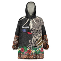 Samoa Siapo Polynesian Art Wearable Blanket Hoodie Tropical Flowers and Tatau Pattern Brown