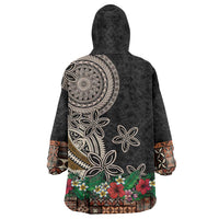 Samoa Siapo Polynesian Art Wearable Blanket Hoodie Tropical Flowers and Tatau Pattern Brown