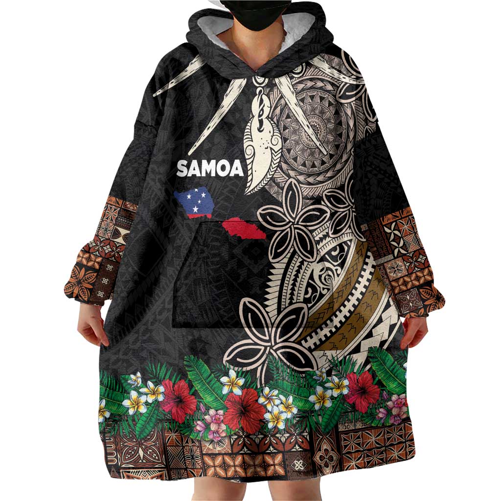 Samoa Siapo Polynesian Art Wearable Blanket Hoodie Tropical Flowers and Tatau Pattern Brown