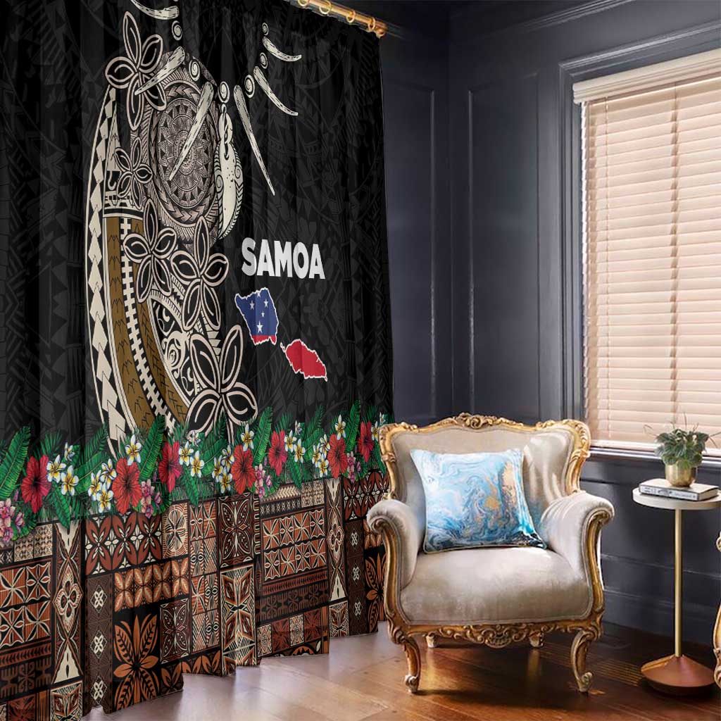 Samoa Siapo Polynesian Art Window Curtain Tropical Flowers and Tatau Pattern Brown