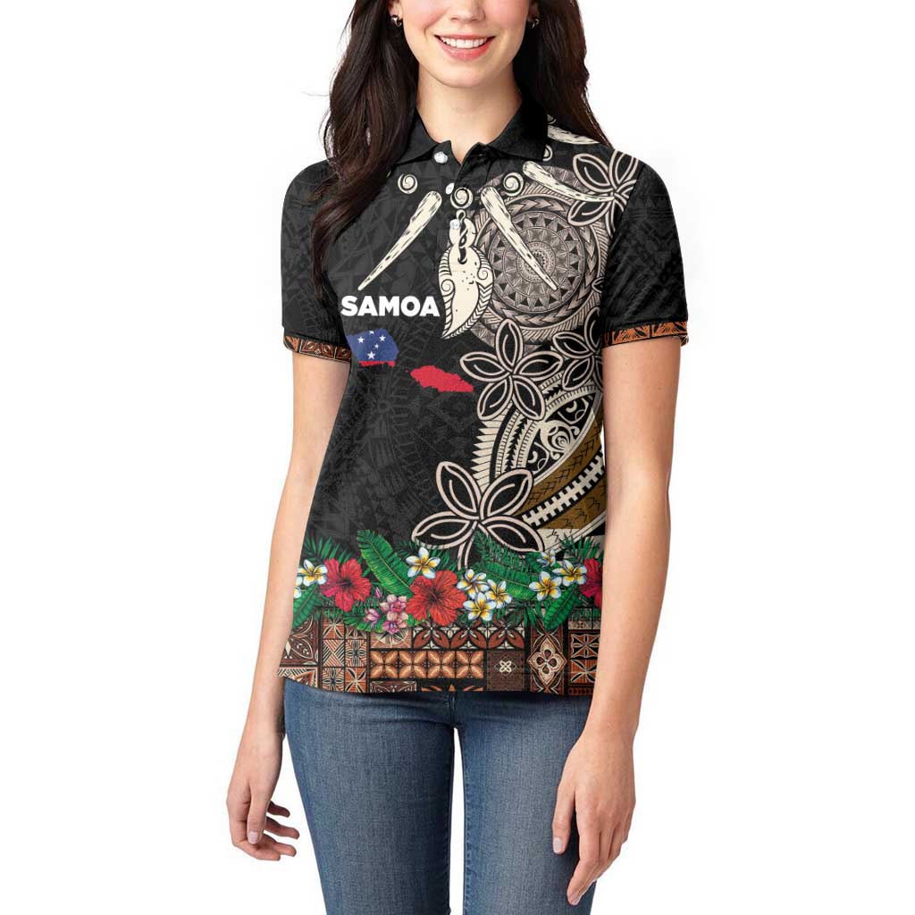 Samoa Siapo Polynesian Art Women Polo Shirt Tropical Flowers and Tatau Pattern Brown