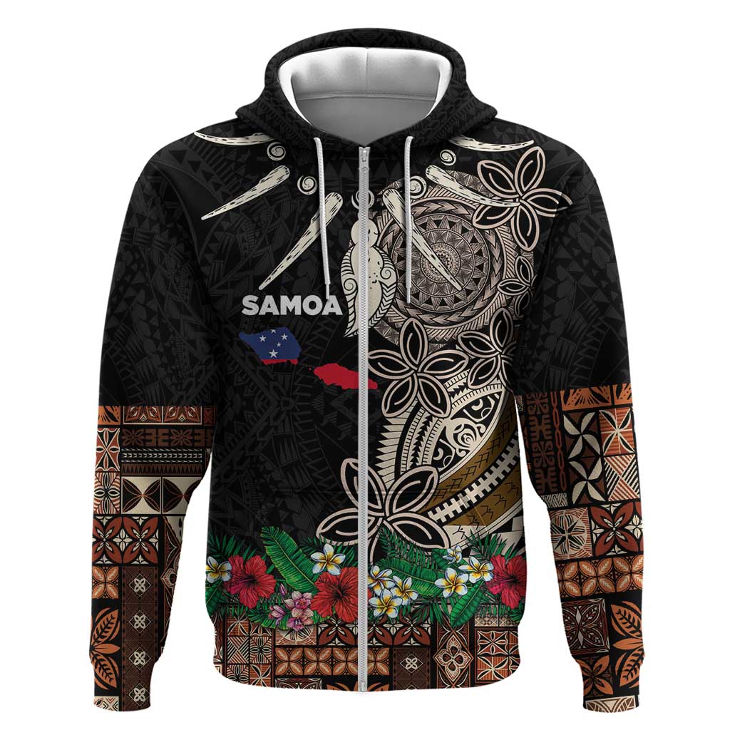 Samoa Siapo Polynesian Art Zip Hoodie Tropical Flowers and Tatau Pattern Brown