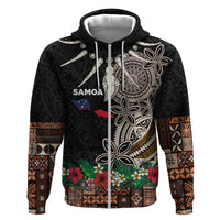 Samoa Siapo Polynesian Art Zip Hoodie Tropical Flowers and Tatau Pattern Brown
