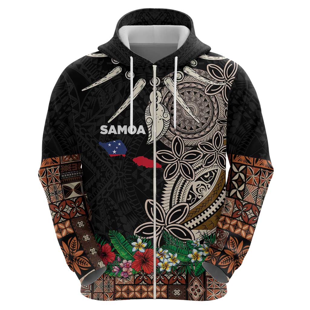 Samoa Siapo Polynesian Art Zip Hoodie Tropical Flowers and Tatau Pattern Brown