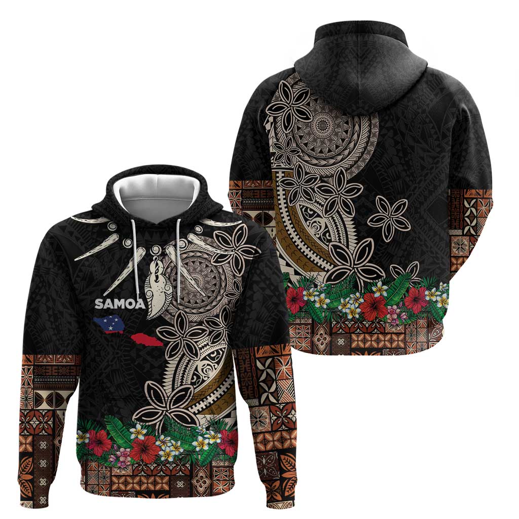Samoa Siapo Polynesian Art Zip Hoodie Tropical Flowers and Tatau Pattern Brown
