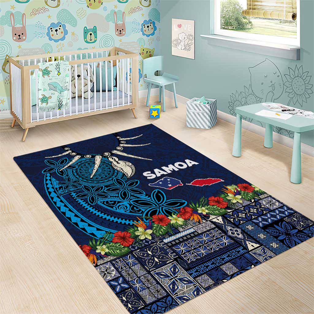 Samoa Siapo Polynesian Art Area Rug Tropical Flowers and Tatau Pattern Navy
