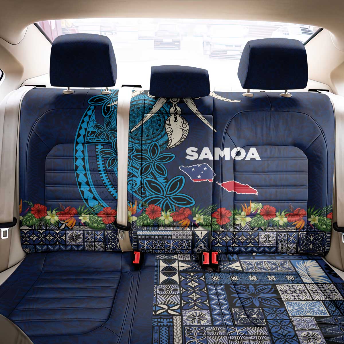 Samoa Siapo Polynesian Art Back Car Seat Cover Tropical Flowers and Tatau Pattern Navy