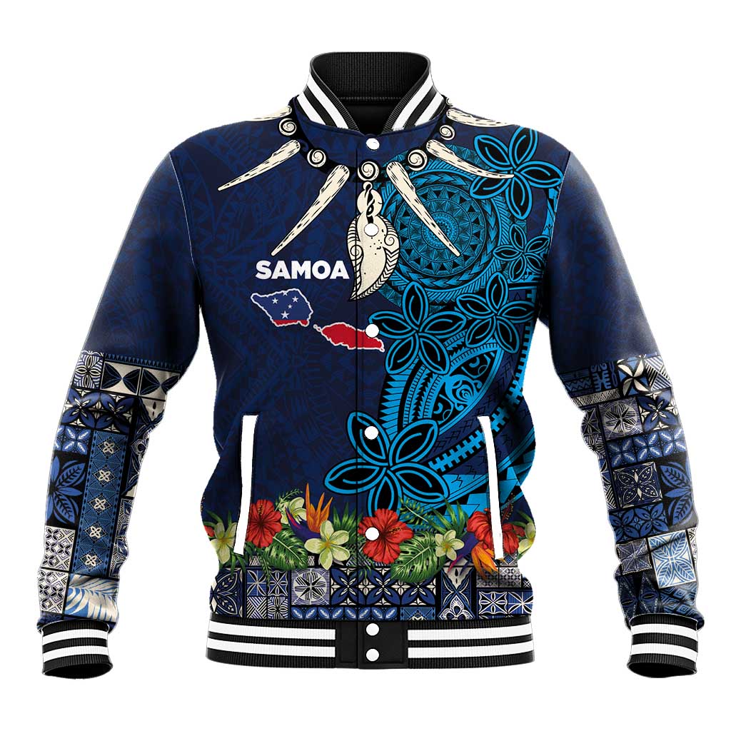 Samoa Siapo Polynesian Art Baseball Jacket Tropical Flowers and Tatau Pattern Navy