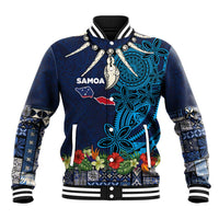 Samoa Siapo Polynesian Art Baseball Jacket Tropical Flowers and Tatau Pattern Navy
