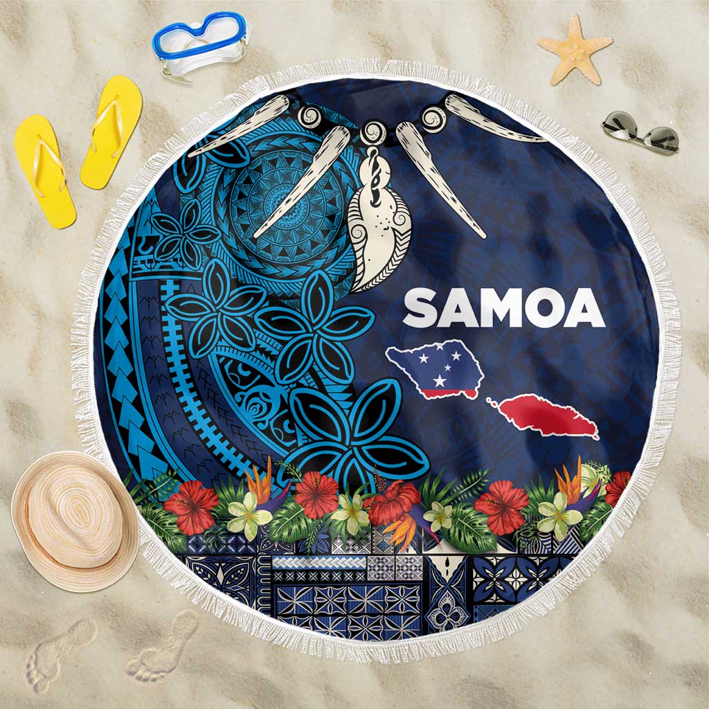 Samoa Siapo Polynesian Art Beach Blanket Tropical Flowers and Tatau Pattern Navy