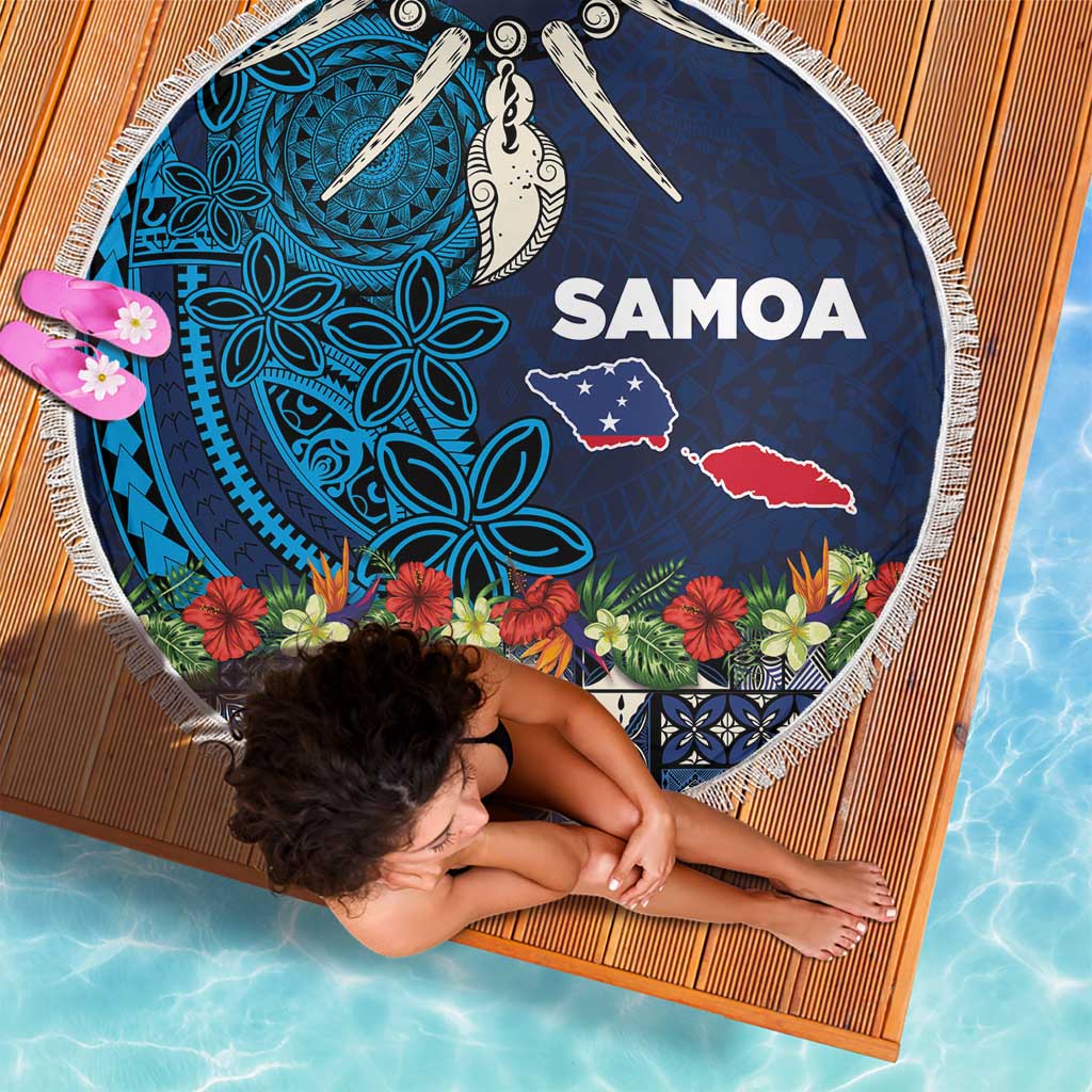 Samoa Siapo Polynesian Art Beach Blanket Tropical Flowers and Tatau Pattern Navy