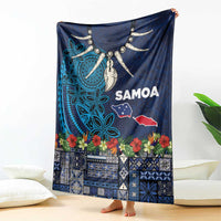 Samoa Siapo Polynesian Art Blanket Tropical Flowers and Tatau Pattern Navy