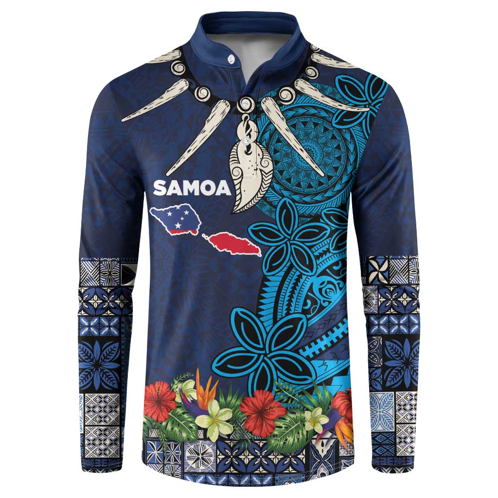 Samoa Siapo Polynesian Art Button Sweatshirt Tropical Flowers and Tatau Pattern Navy