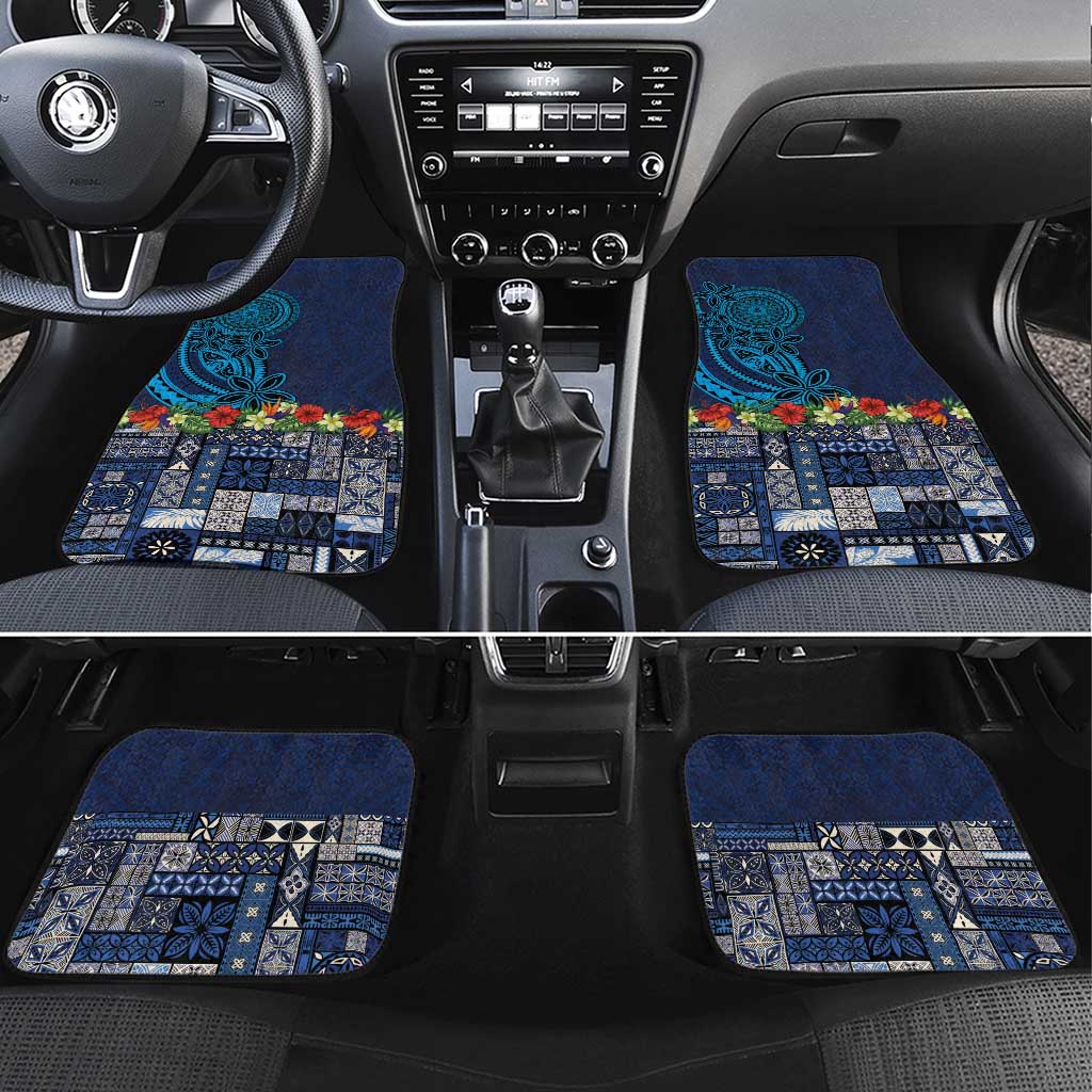 Samoa Siapo Polynesian Art Car Mats Tropical Flowers and Tatau Pattern Navy
