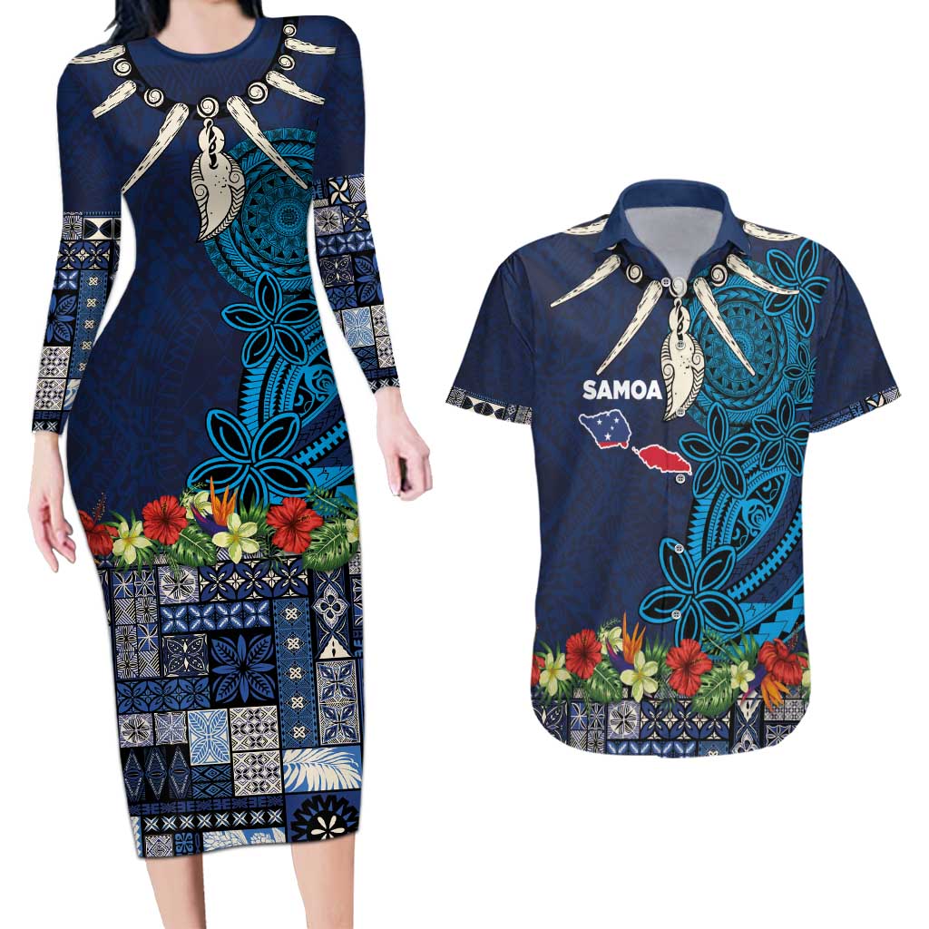 Samoa Siapo Polynesian Art Couples Matching Long Sleeve Bodycon Dress and Hawaiian Shirt Tropical Flowers and Tatau Pattern Navy