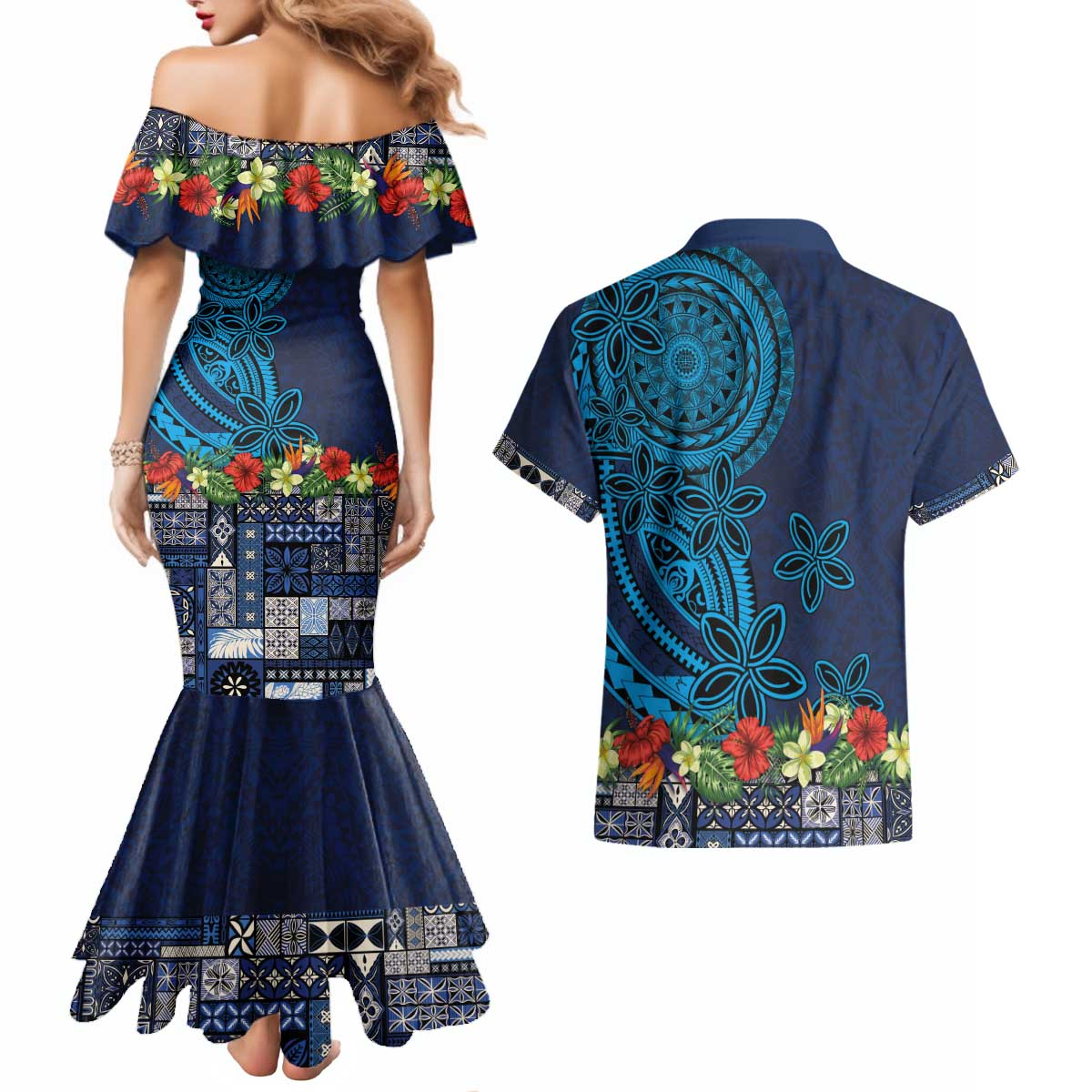 Samoa Siapo Polynesian Art Couples Matching Mermaid Dress and Hawaiian Shirt Tropical Flowers and Tatau Pattern Navy