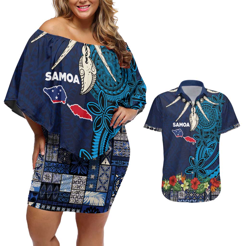 Samoa Siapo Polynesian Art Couples Matching Off Shoulder Short Dress and Hawaiian Shirt Tropical Flowers and Tatau Pattern Navy