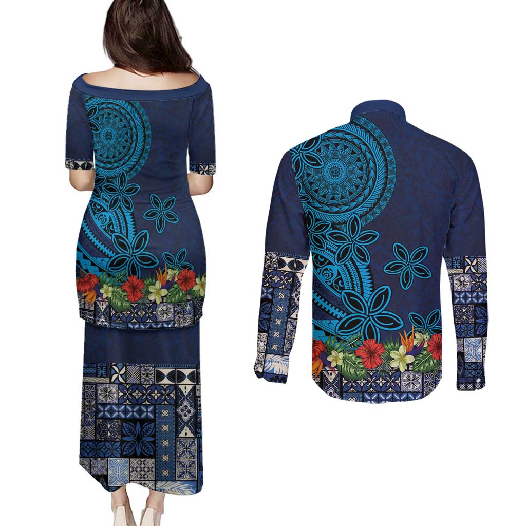 Samoa Siapo Polynesian Art Couples Matching Puletasi and Long Sleeve Button Shirt Tropical Flowers and Tatau Pattern Navy