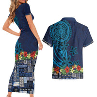 Samoa Siapo Polynesian Art Couples Matching Short Sleeve Bodycon Dress and Hawaiian Shirt Tropical Flowers and Tatau Pattern Navy