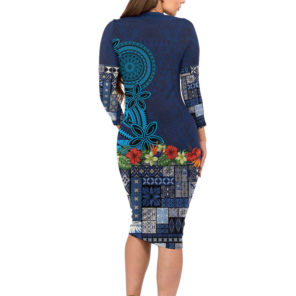 Samoa Siapo Polynesian Art Family Matching Long Sleeve Bodycon Dress and Hawaiian Shirt Tropical Flowers and Tatau Pattern Navy