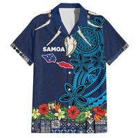 Samoa Siapo Polynesian Art Family Matching Off The Shoulder Long Sleeve Dress and Hawaiian Shirt Tropical Flowers and Tatau Pattern Navy